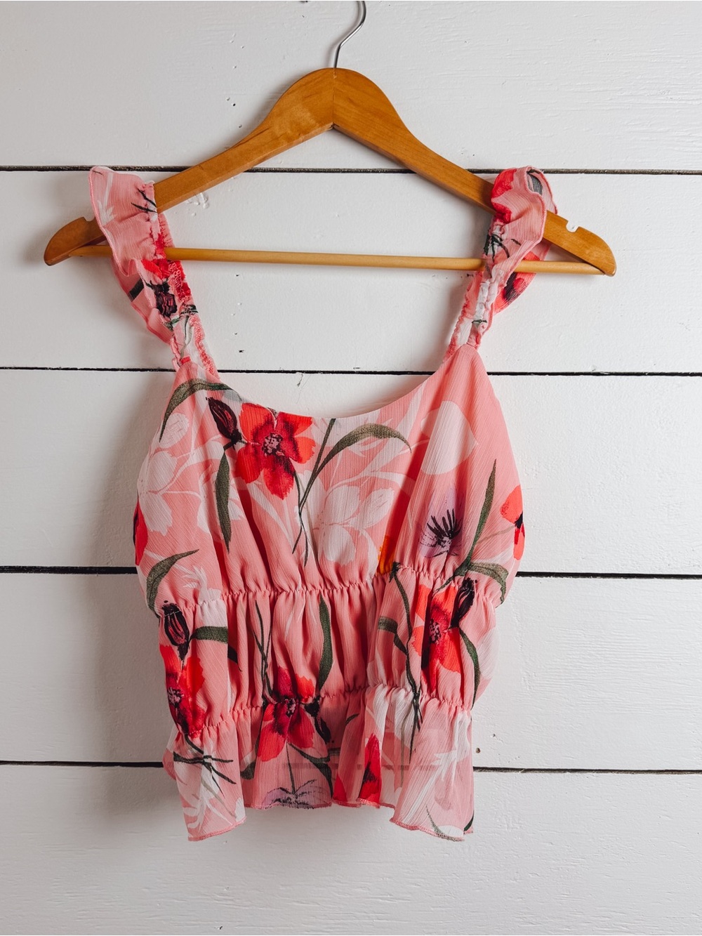 Leith Pink Floral Ruffle Strap Tank Top